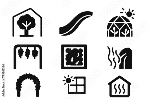 Biophilic Design Icons. Solid style icons of biophilic design elements: indoor tree atrium, curved wood beam, light-filled green