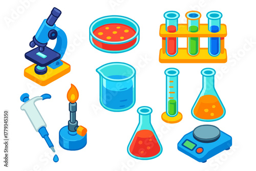 Colorful Science Lab Icons. Isometric vector illustration set Science lab equipment – microscope, petri dish, test tube rack;