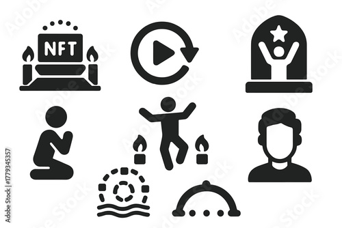 Digital Ritual Icons. Solid style icons of digital rituals and ceremonies: NFT altar icon, sacred motion loop, virtual performance