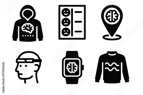 Brain-Computer Fashion Icons. Line style icons of Brain-Computer Fashion: LED emotion hoodie, mood chart icon, attention-linked