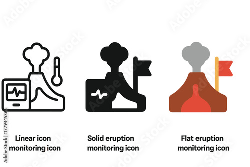 Eruption Monitoring Icons. Linear minimalistic eruption monitoring icon: seismograph, thermometer, smoke plume, magma chamber,