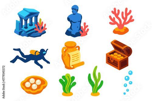 Underwater Classic Literature. Isometric vector illustration set Classic literature – underwater ruins, submerged statue, coral