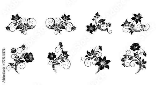 Set of floral decorative elements isolated on white background for design