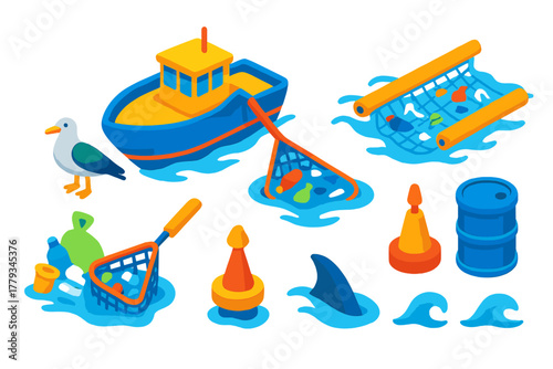 Ocean Cleanup Icons. Isometric vector illustration set Climate action – ocean cleanup boat, floating garbage trap, net skimmer;