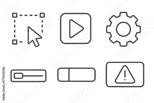 Virtual Lab Icons. Line style icons of virtual lab user interface: drag-and-drop tool icon, simulation play button, settings gear,