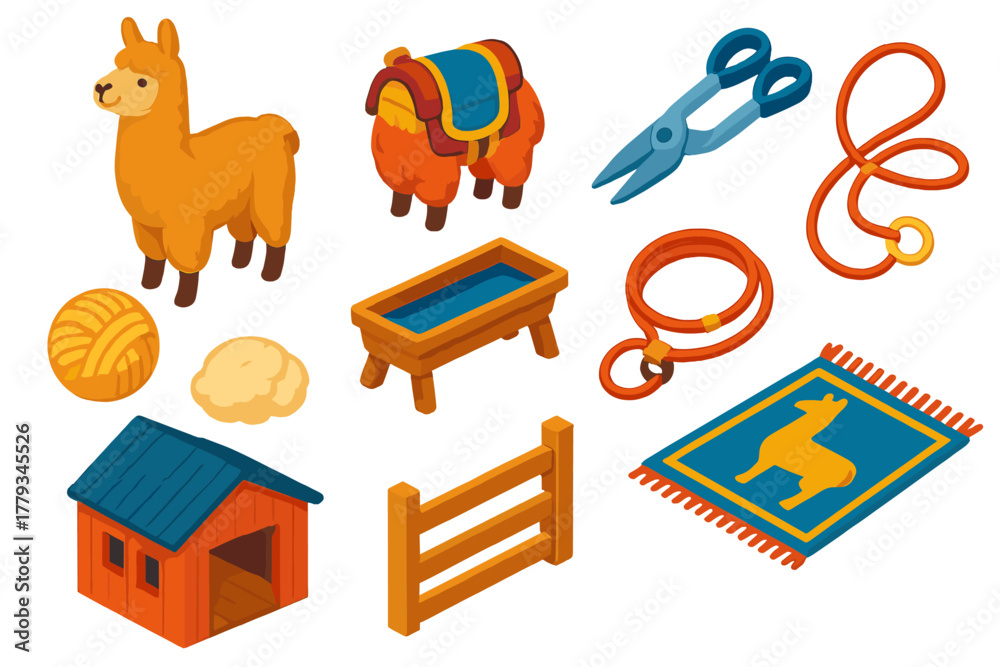Naklejka premium Colorful Farm Animals. Isometric vector illustration set Farm animals – llama, pack saddle, shear blade; wool skein, feeding