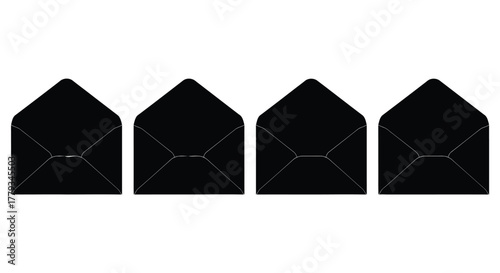 Four black envelopes isolated on white background in a row