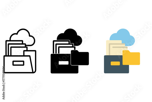 Minimal Icon Designs. Linear minimalistic archiving icon: archive box, folder, cloud storage, document stack, label, sorting tray