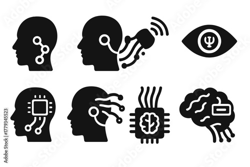 Psionic Cybernetic Implants. Solid style icons of psionic cybernetic implants: cortex plugs, neural wave transceivers, psi-link