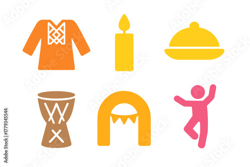 Festival Icons Collection. Linear minimalistic traditional festival icon: embroidered costume, ceremonial candle, food platter,