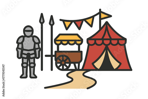 Historic Festival Icons. Linear minimalistic historic festival icon: knight armor, lance rack, food cart, costume tent, flag