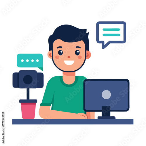 oung Streamer Character at Desk with Camera and Microphone