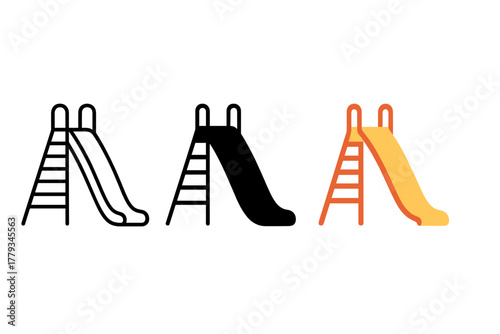 Minimalist Slide Icon. Minimalist slide icon: three identical playground slides in a row, first in line style with thin outline,