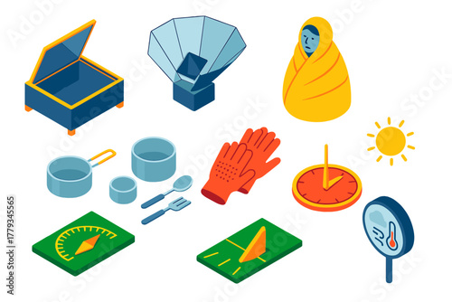Disaster Preparedness Icons. Isometric vector illustration set Disaster preparedness – solar oven, cooking reflector, thermal