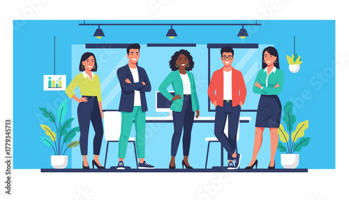 Confident diverse business team standing together in an office Teamwork success and professional staff