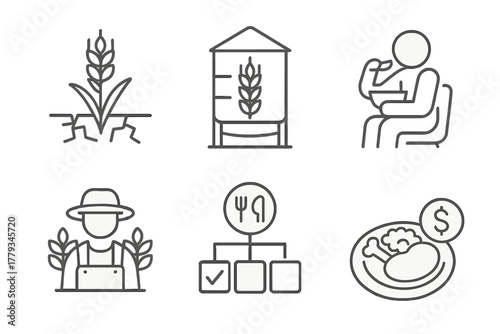 Food Security Icons. Line style icons of food security: drought-resistant grain icon, long shelf-life grain bin, accessible