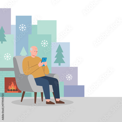 Elderly man relaxes by the fireplace using a tablet or phone during the cozy winter season