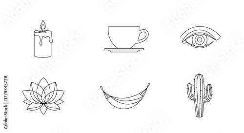 Collection of New Year, New Me themed icons, including Candle, Tea Cup, Closed Eye, Lotus Flower, Hammock, Cactus