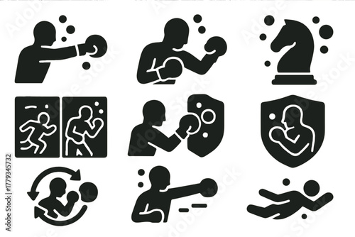 Underwater Motion Icons. Solid style icons of underwater movement in match: floating jab icon, slow-motion punch, chess move in