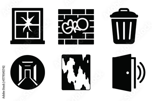 Urban Decay Icons. Solid style icons of urban decay walks: broken window glyph, graffiti wall icon, trash badge. Empty corridor