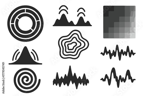Archaeoacoustic Data Icons. Solid style icons of archaeoacoustic data visualization: spectrogram rings, echo line graphs, tone