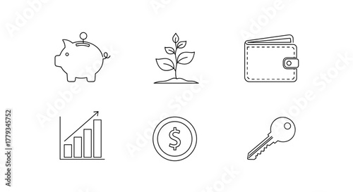 Collection of New Year, New Me themed icons, including Piggy Bank, Growing Plant, Wallet, Bar Chart, Coin, Key