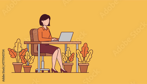 Businesswoman working on laptop at modern desk surrounded by indoor plants Flat vector illustration