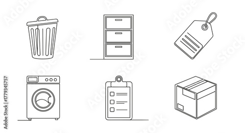Collection of New Year, New Me themed icons, including Trash Can, Filing Cabinet, Label, Washing Machine, Shopping List, Box