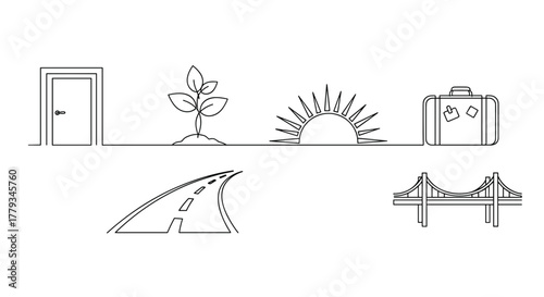 Collection of New Year, New Me themed icons, including Door, Seedling, Sunrise, Road, Suitcase, Bridge
