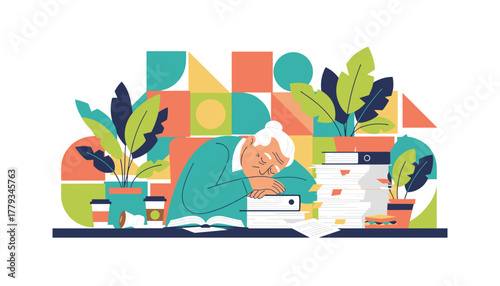 Exhausted senior woman sleeping on huge piles of paperwork Overtime stress illustration