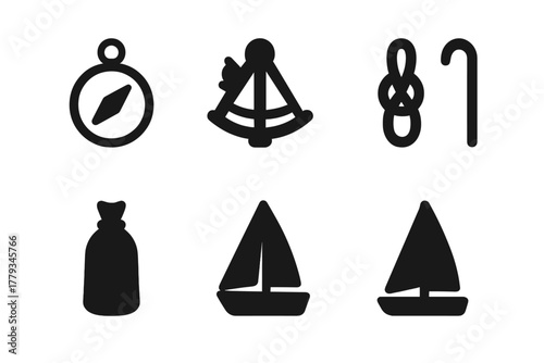 Minimal Sailing Icons. Linear minimalistic sailing tools icon: compass, sextant, knot chart, rope bag, sail bag, boathook with