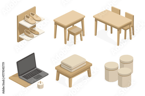 Minimalist Living Setup. Isometric vector illustration set Minimalist living: wall-mounted shoe shelf, compact stool under desk,