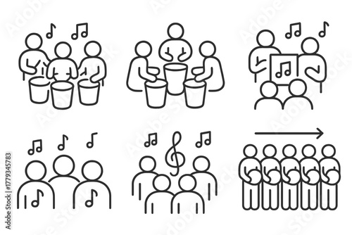 Group Music Therapy Icons. Line style icons of group music therapy activities: collaborative rhythm, drum circle icon, shared song