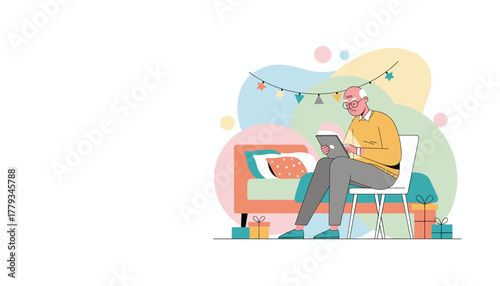 Elderly man uses tablet near holiday decorations and gifts Senior technology concept