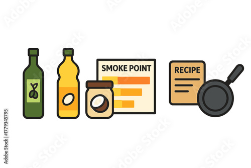 Cooking Oils Icons. Linear minimalistic cooking oils icon: olive oil bottle, canola oil bottle, coconut oil jar, smoke point chart