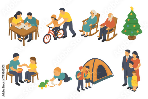 Isometric Family Scenes. Isometric vector illustration set of Family: parents helping with homework, child learning to ride bike,