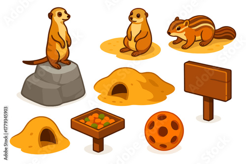 Zoo Animal Icons. Isometric vector illustration set Zoo animals – meerkat, prairie dog, ground squirrel; sandy bank, burrow hole,