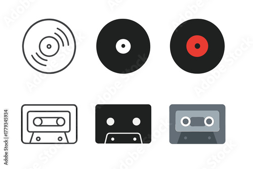 Vinyl and Cassette Icons. Linear minimalistic vinyl icon: circle outline with inner grooves, uniform line thickness, no fill,