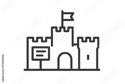 Heritage Site Icons. Linear minimalistic heritage site icon: castle, informational sign, fortress wall, tower, gate, flag with