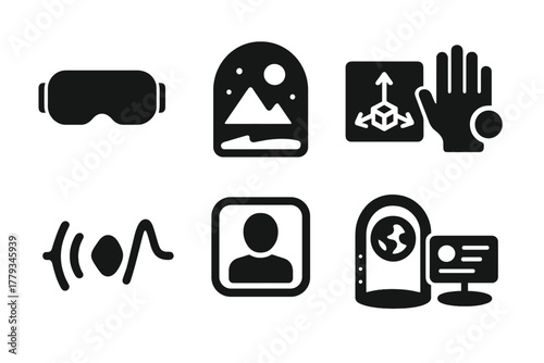 Virtual Reality Icons. Solid style icons of virtual reality simulations: VR headset icon, immersive environment badge, 3D space