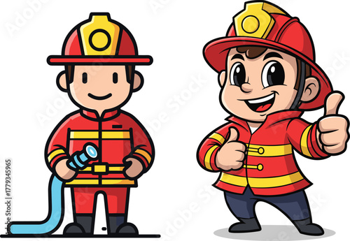 Cute cartoon firefighters in red uniform smiling with thumbs up, fire safety heroes illustration, emergency rescue team concept art