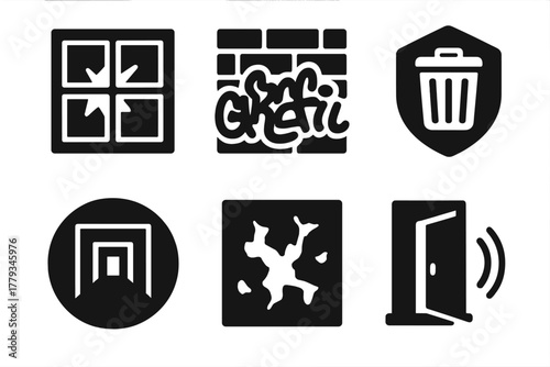 Urban Decay Icons. Solid style icons of urban decay walks: broken window glyph, graffiti wall icon, trash badge. Empty corridor