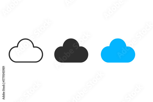 Cloud Icon Styles. Minimalist cloud classification icon: three identical cloud type diagrams in a row, first in line style with