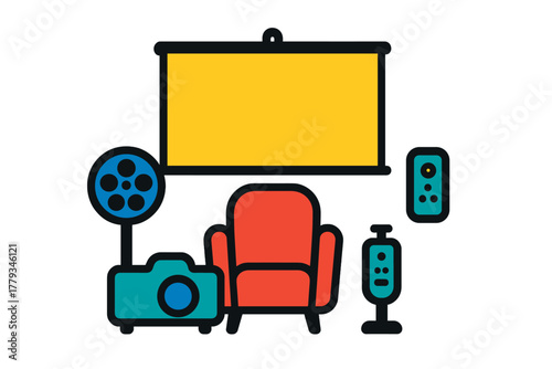 Minimalist Viewing Setup. Linear minimalistic viewing setup icon: projector, screen, chair, reel stand, remote control, light