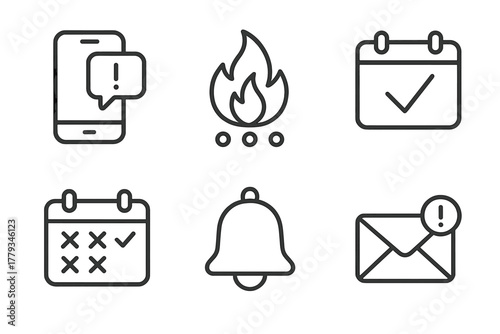 Notification Icons Collection. Line style icons of reminders and tracking: mobile push alert, streak counter icon, daily lesson