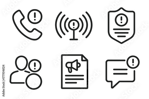 Emergency Communication Icons. Line style icons of emergency communication: crisis hotline icon, emergency broadcast signal,