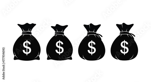 Four black money bags isolated on white background in a row