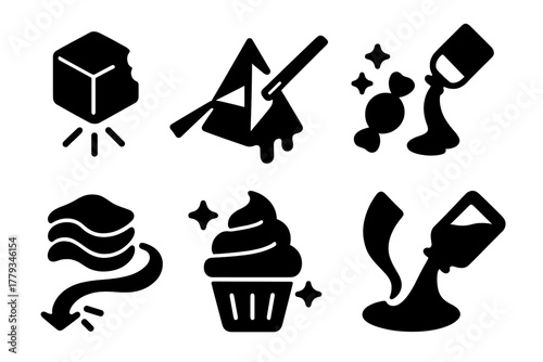 Edible Light Illusions. Solid style icons of edible light illusions: floating cube with bite, prism that melts, vanishing candy