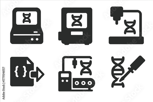 DNA Synthesis Devices. Solid style icons of DNA synthesis machines: desktop synthesizer, molecular printer icon, helix writing