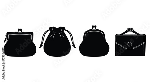 Four black coin purses isolated on white background in a row